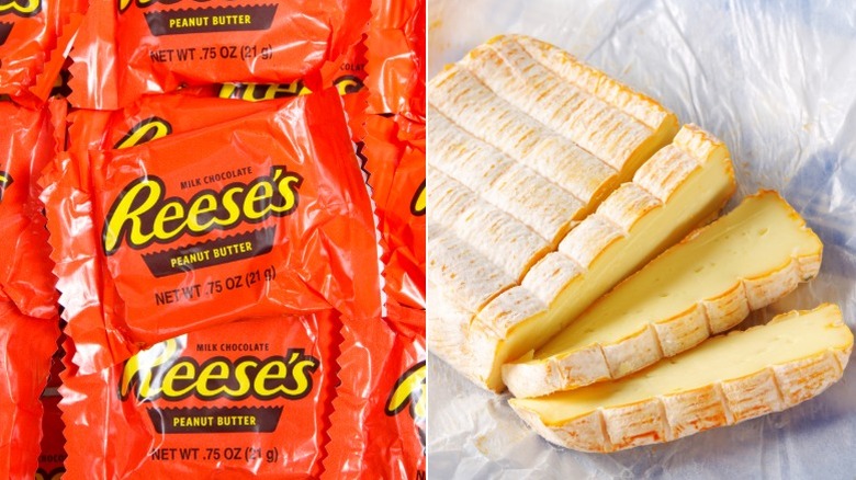 Split image of Reese's Cups and slices of a wash-rind cheese