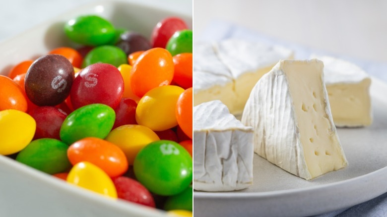 Split image of a bowl of Skittles and Brie wedges on a white plate