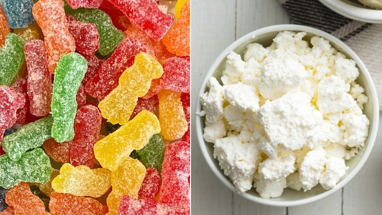 Split image of Sour Patch Kids and a bowl of fresh chevre