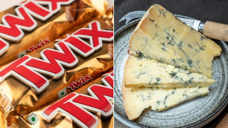 Split image of Twix bars and slices of Stilton