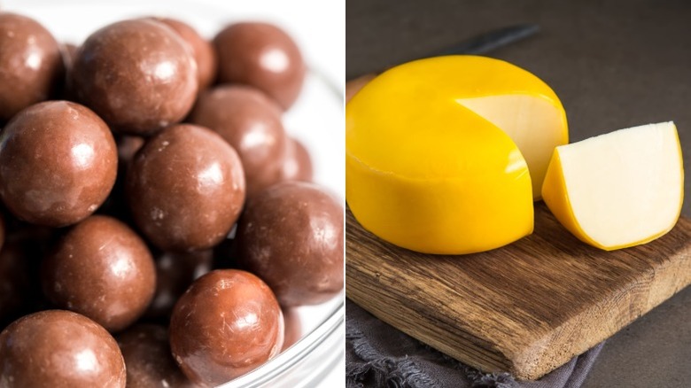 Split image of Whoppers malted candy balls and a large wedge of a goat's milk gouda
