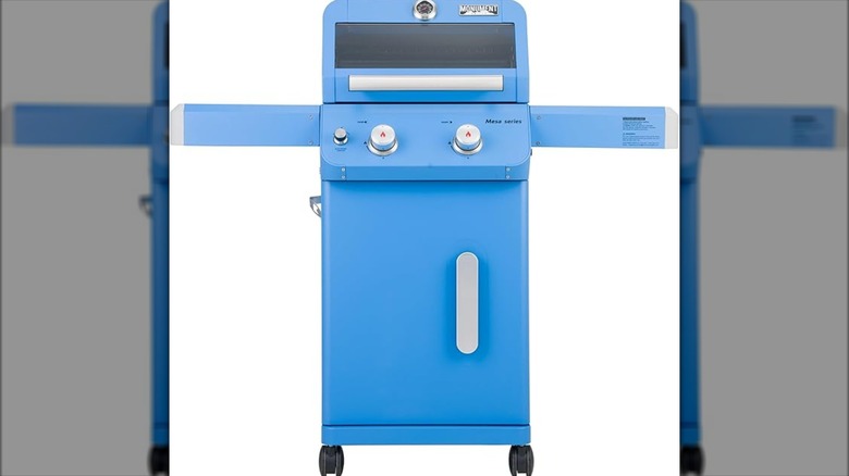 A bright blue Monument Grills gas grill