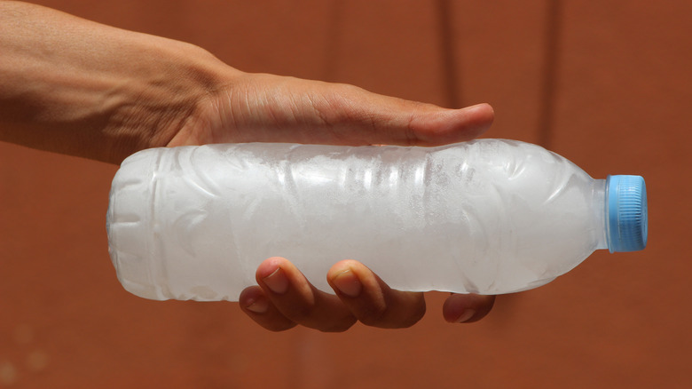 A hand holding a frozen water bottle