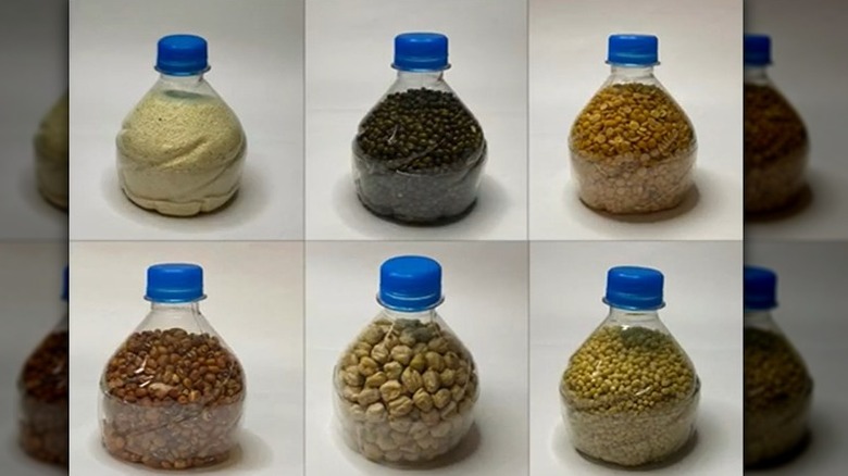 Variety of spices in plastic bottles