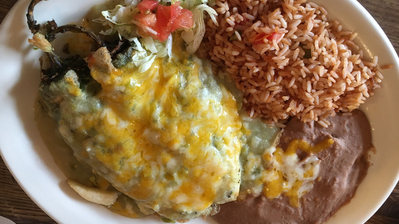 Chiles rellenos with rice and beans