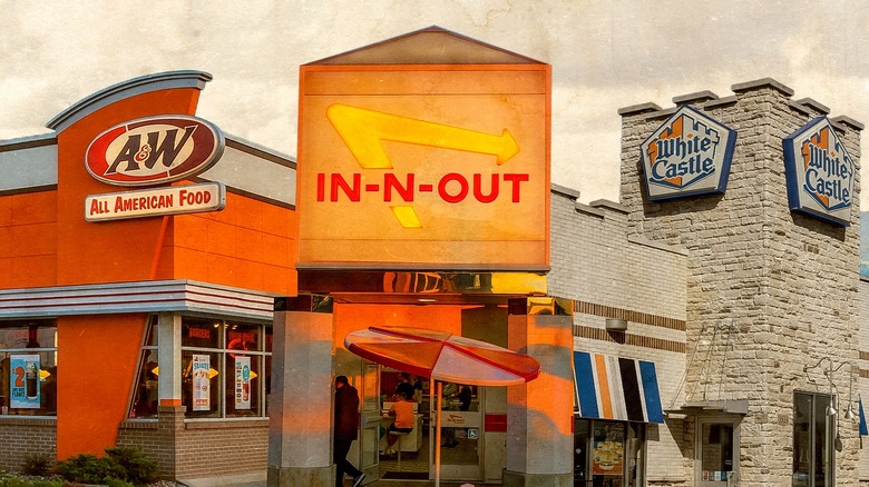 Composite photo showing storefronts for A&W, In-N-Out, and White Castle