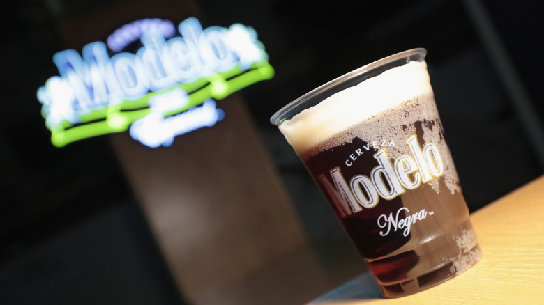 Cup of Modelo Negra on a bar top