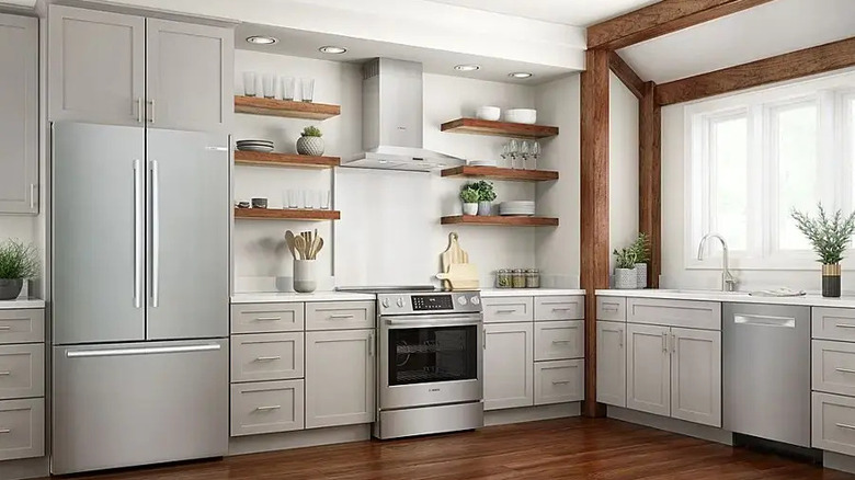 A Bosch 800 Series in a grey kitchen with a wood floor