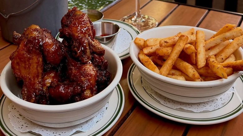 Drummettes, Cajun-spiced French fries, and wine from Thunderbolt