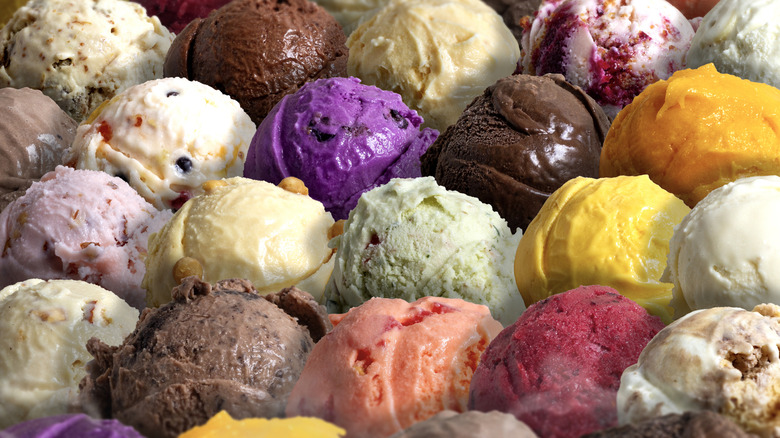 Scoops of ice cream in assorted flavors