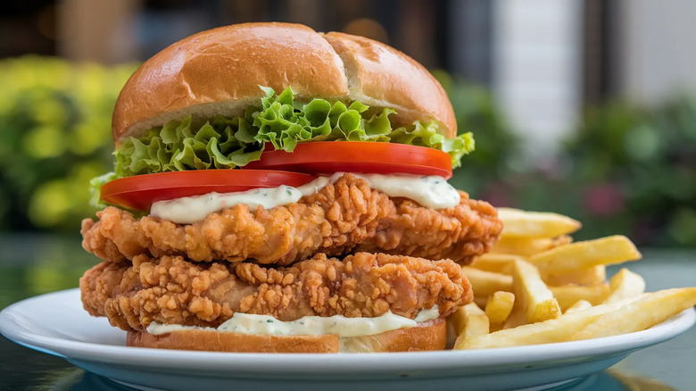 A spicy chicken sandwich on a plate with fries