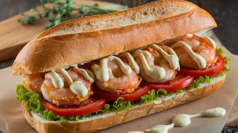 A shrimp po'boy filled with a drizzle of sauce, tomatoes, and lettuce