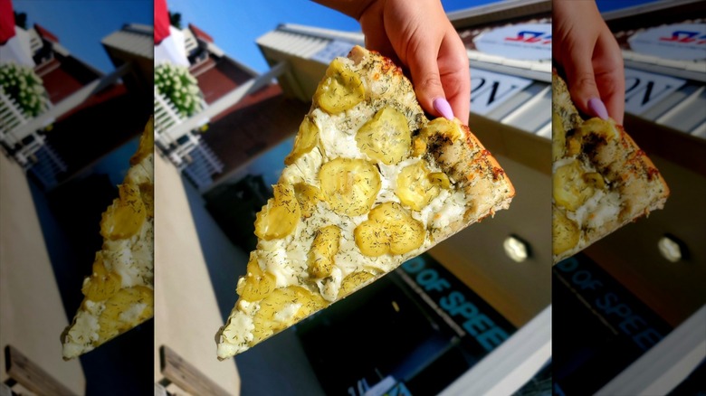 hand holding a slice of pizza topped with dill and pickles