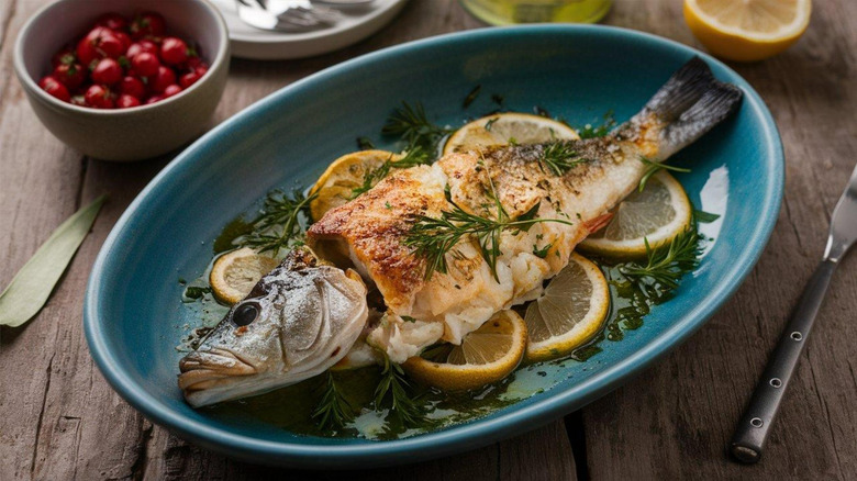 cooked branzino with lemon herbs