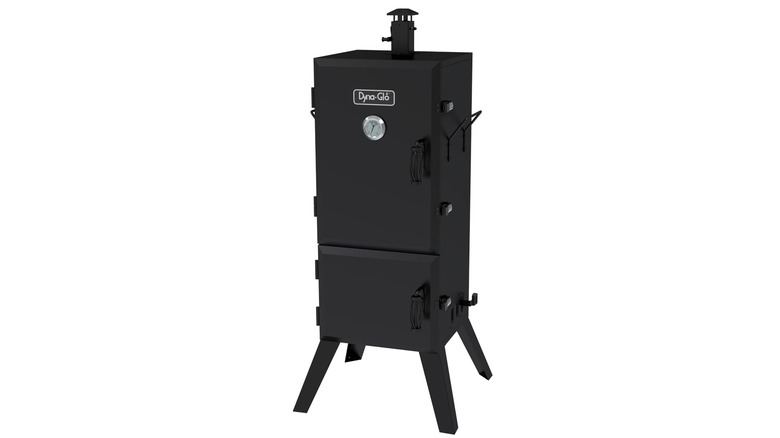 Black smoker with small smokestack and two doors
