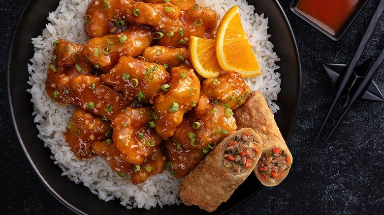 P.F. Chang's Orange Chicken Lunch Special with egg rolls on white rice