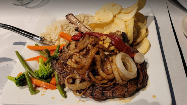 A Portuguese steak from Sagres, topped with onions and peppers