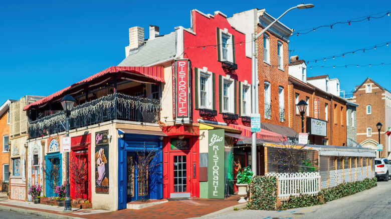 A colorful restaurant on a street corner in Little Italy, Baltimore