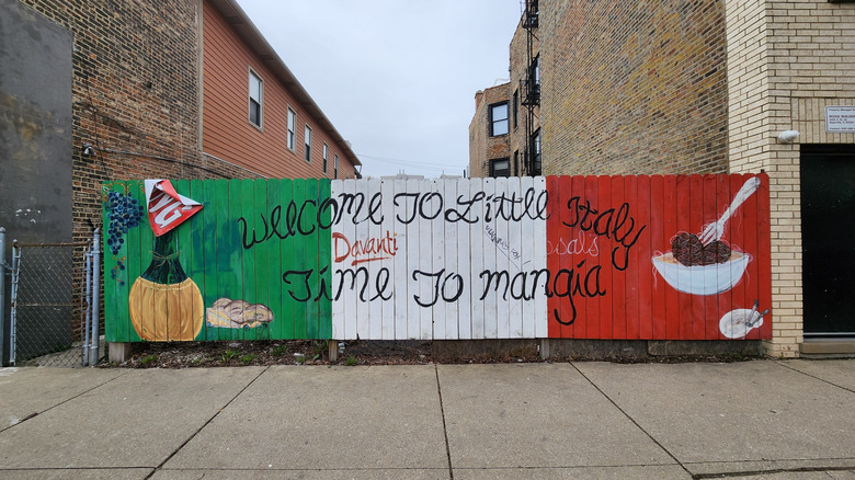 A handpainted Welcome to Little Italy sign in Chicago