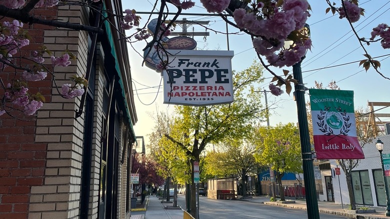The sign for Frank Pepe Pizzeria on Wooster Street in New Haven