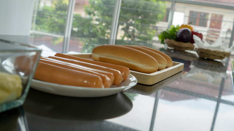 hot dog on counter