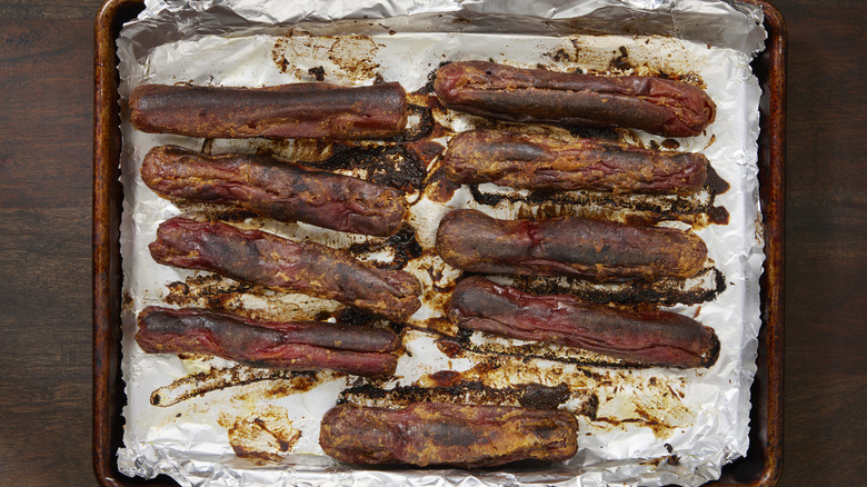 close up burnt hot dogs