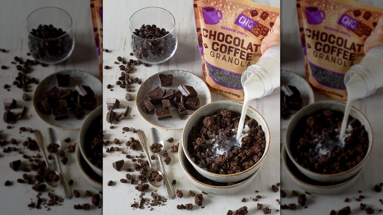 Image of milk being poured into a bowl of Trader Joe's Chocolate Coffee Granola