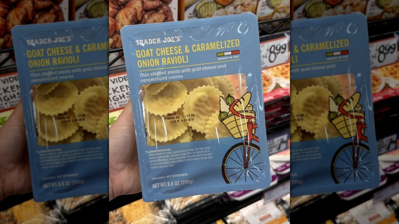 Hand holding Trader Joe's Goat Cheese & Caramelized Onion Ravioli