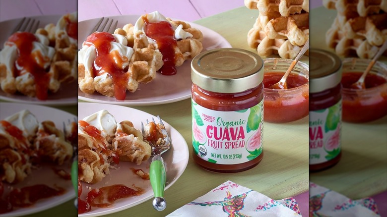 Trader Joe's Organic Guava Fruit Spread next to waffles covered in the spread