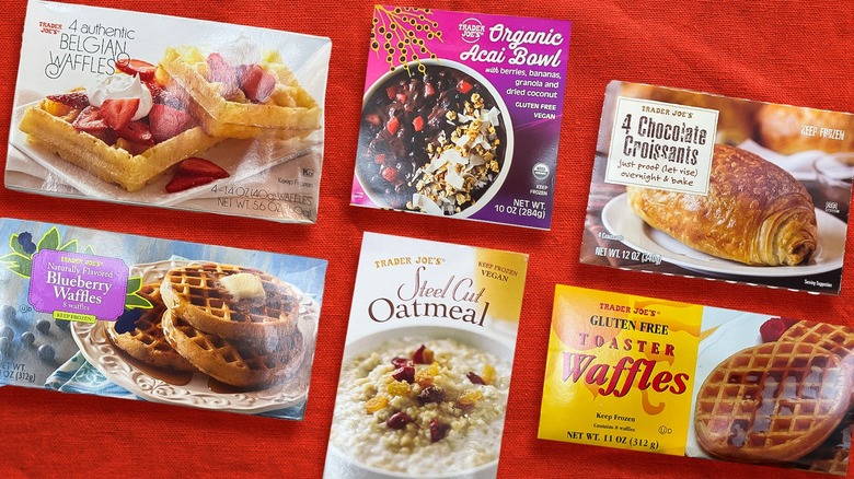 Boxes of Trader Joe's frozen breakfast foods