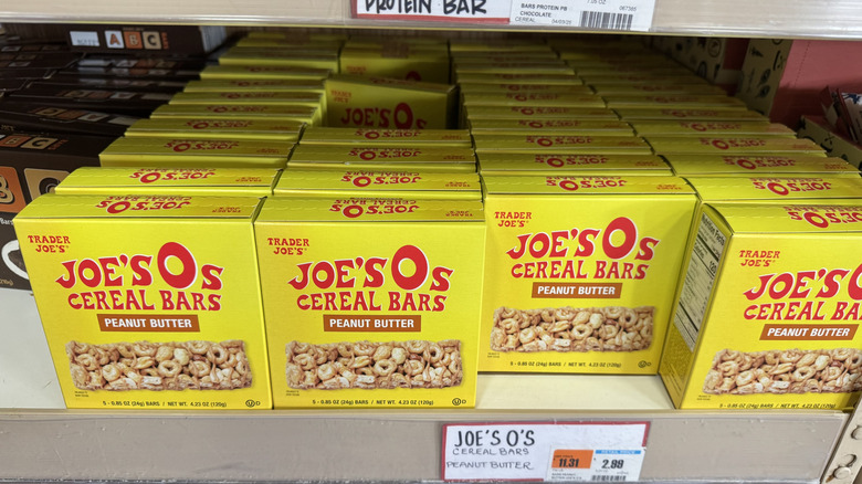Joe's Os cereal bars on store shelf.