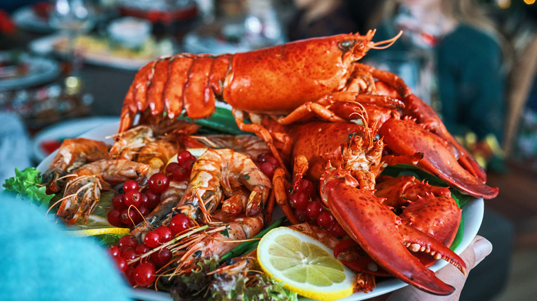 lobster on seafood plate at family Christmas