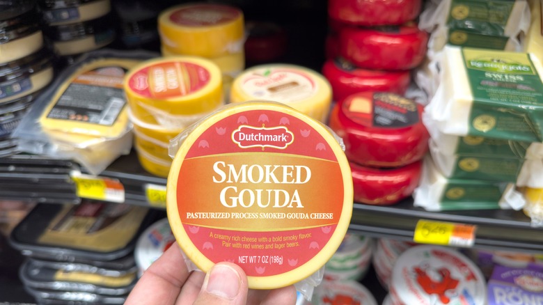 Package of smoked gouda in grocery store
