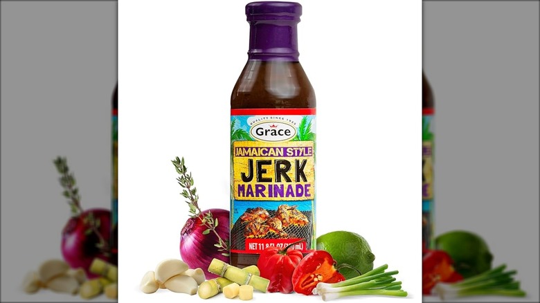 Grace Jamaican style Jerk marinade with ingredients on a white background