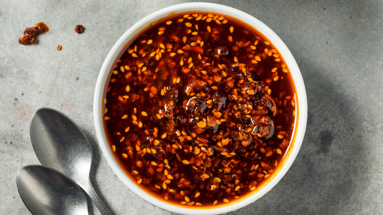 Hot chili crisp in a bowl