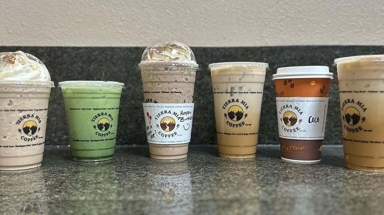 A row of Tierra Mia coffee beverages in takeout cups with whipped cream on some