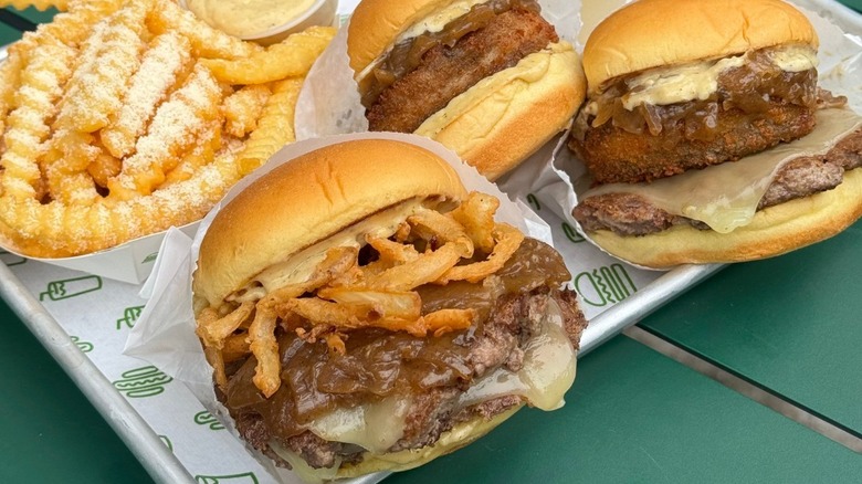 Three versions of the French Onion Soup Burger at Shake Shack