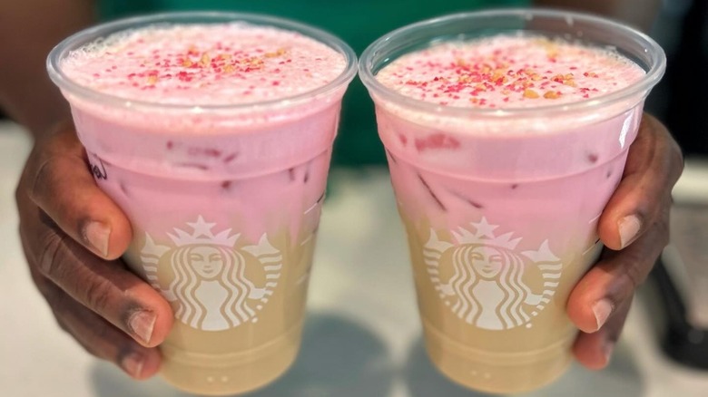 Two iced cherry chai lattes from Starbucks