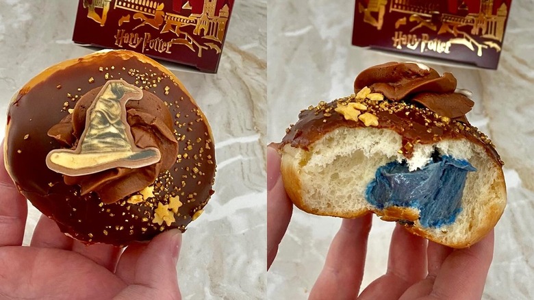 Composite image of a Sorting Hat Doughnut from Krispy Kreme with a bitten doughnut with blue filling