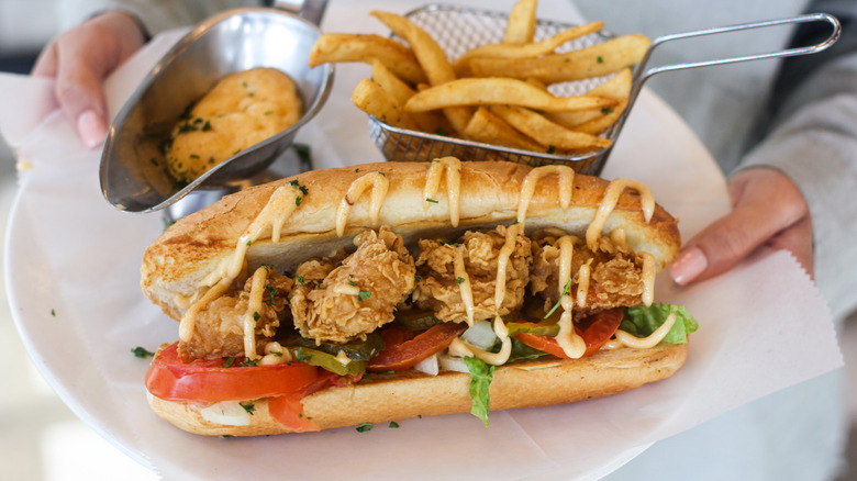 A dressed fried shrimp po'boy