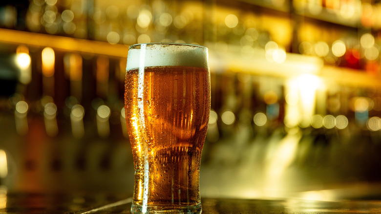 A cold beer with an ample head of froth, set against a softly blurred bokeh background
