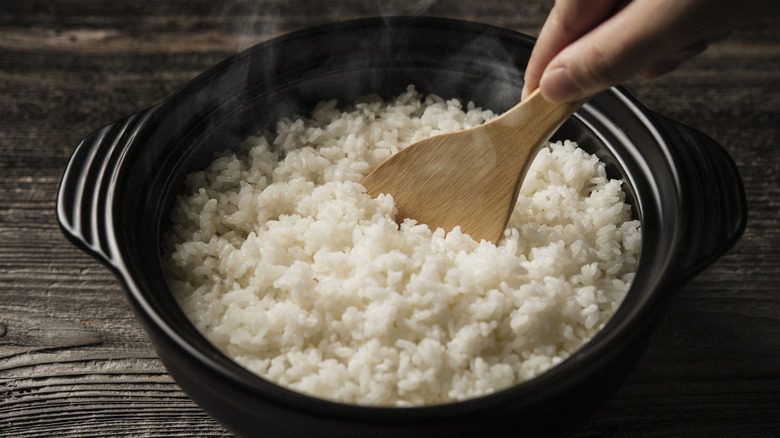 open black rice cooker with rice scooper