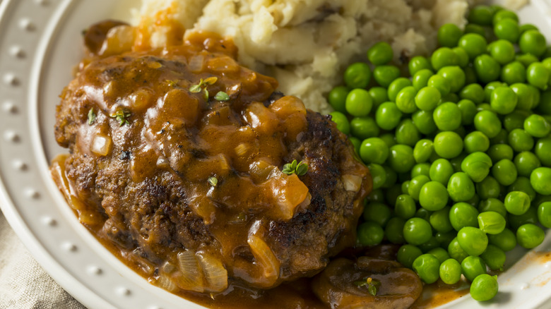 Salisbury steak, peas, mashed potatoes