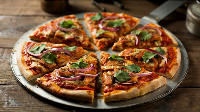 Sliced pizza on a pan