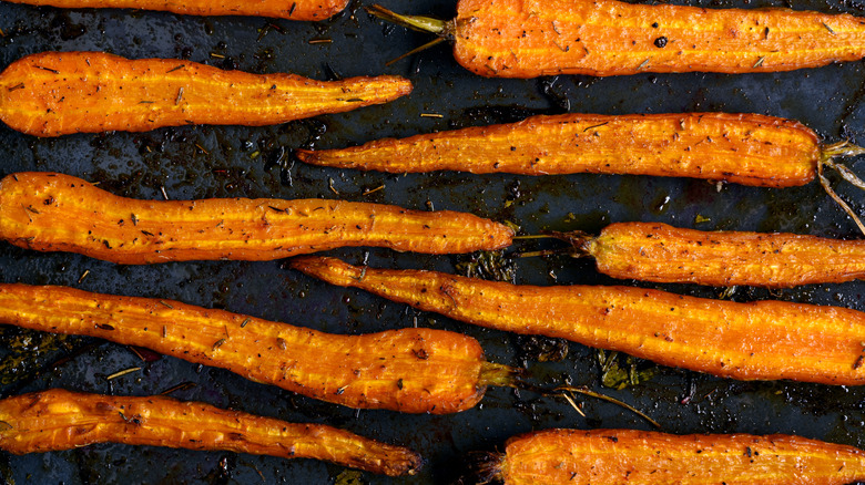roasted carrots on a baking tray