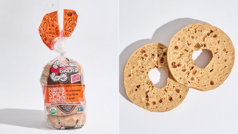Bag of Dave's pumpkin spice bagels on a table next to a sliced bagel.