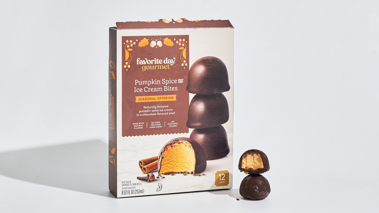 Favorite Day Frozen Pumpkin Spice Ice Cream Bites on a table with the box.