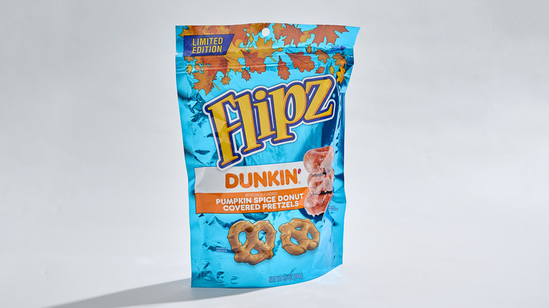 Flipz Dunkin' Pumpkin Spice Donut Covered Pretzels on a table.