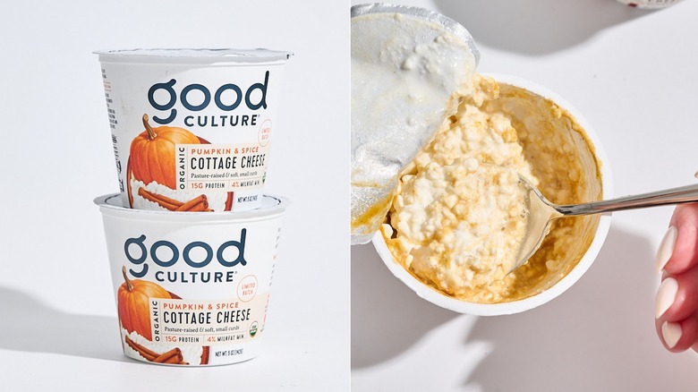 Package of Good Culture cottage cheese next to a spoon scooping it out.