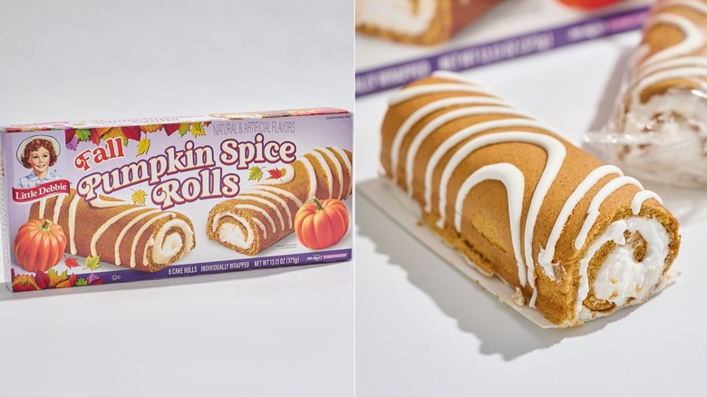 Box of Little Debbie Fall Pumpkin Spice Rolls on a table next to unwrapped roll.